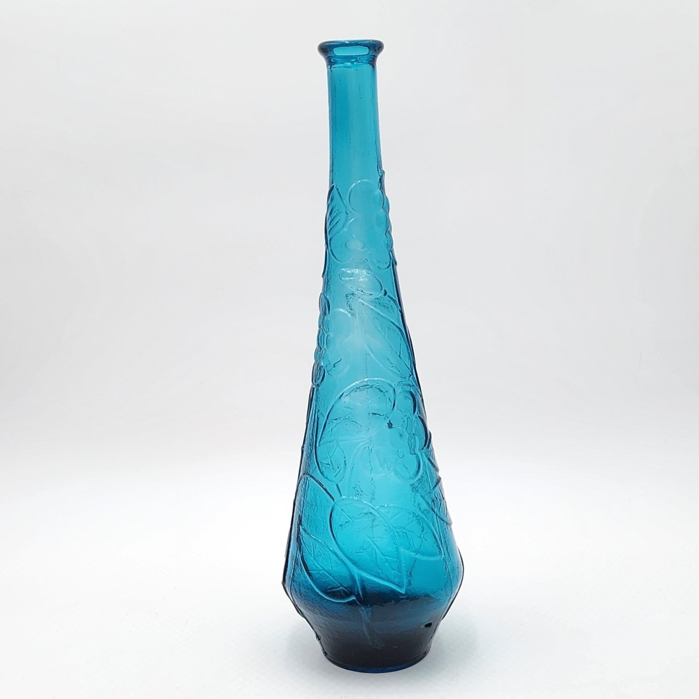 Vintage Empoli Italy Teal Blue Glass Genie Bottle Decanter Butterfly Flowers MCM - Picture 4 of 12